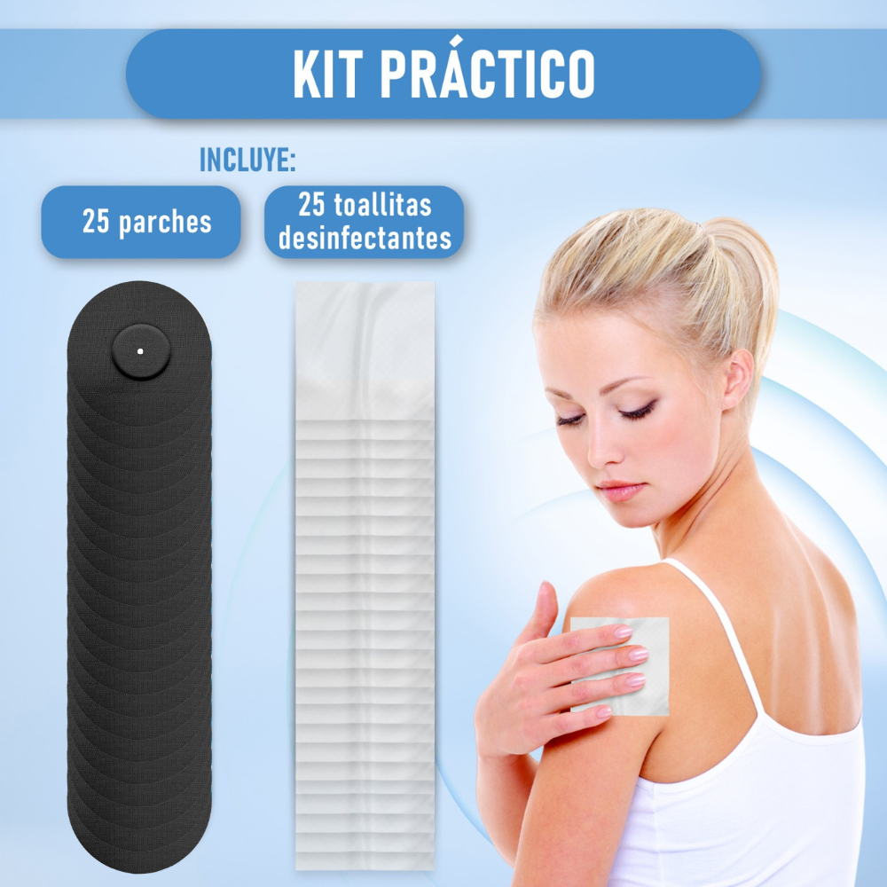 25 parches protectores + 25 toallitas desinfectantes de regalo. Para sensor de glucosa free style libre